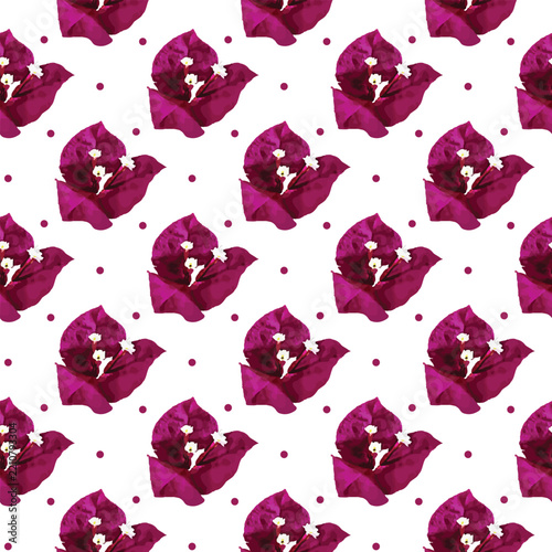 Vibrant fuchsia flowers scattered against a clean white backdrop create a lively, cheerful pattern.