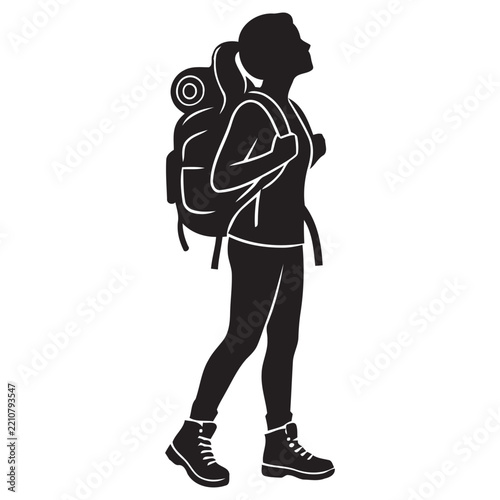 Female Backpacker Hiking Vector Silhouette - Female Hiker with Backpack Icon   
