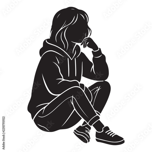 Thinking Woman Sitting in Hoodie Vector Silhouette - Pensive Girl in Casual Wear Icon   