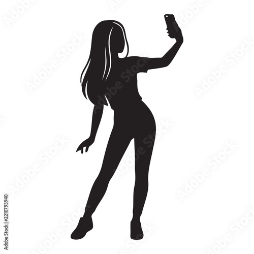 Woman Taking Selfie Vector Silhouette - Stylish Girl Holding Smartphone Icon   
