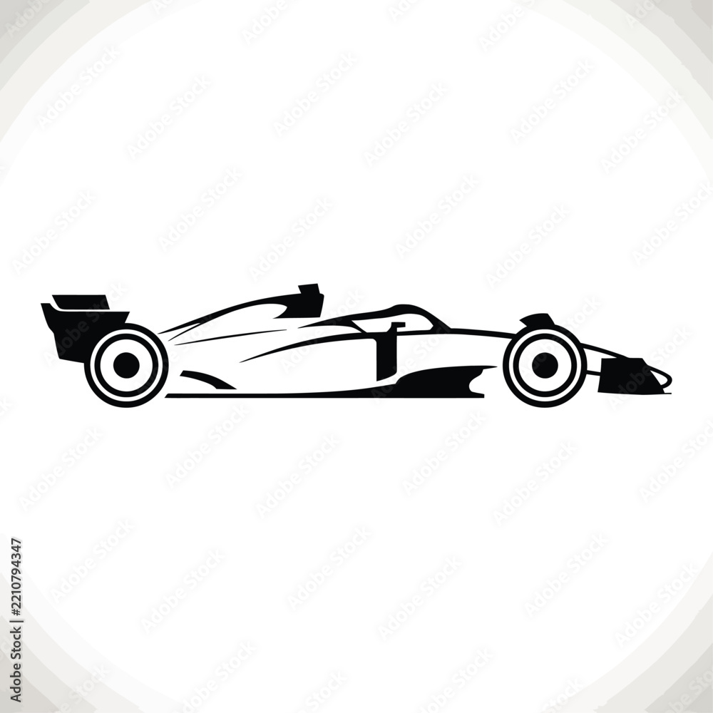 Obraz premium Black silhouette of a formula 1 race car viewed from the side, isolated on a white background, showing aerodynamic bodywork and racing wheels for speed