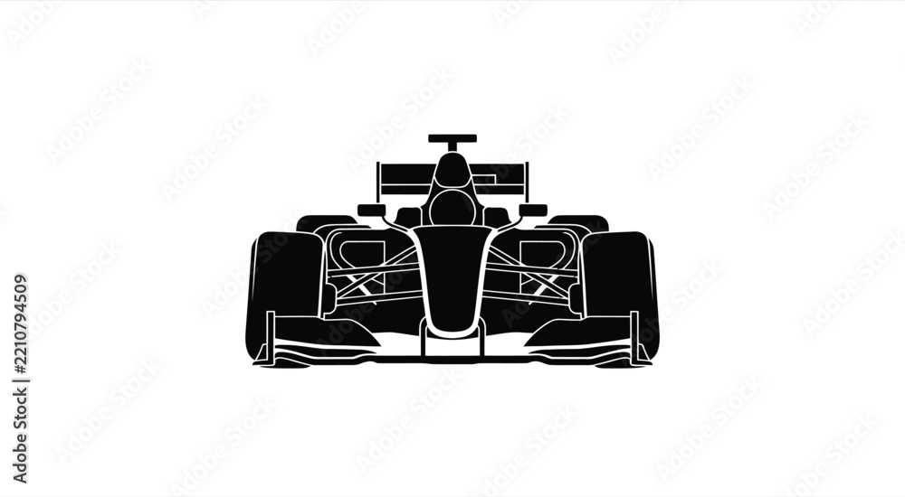 Obraz premium Front view silhouette of a formula one racing car isolated on a white background, featuring aerodynamic bodywork and wide racing tires for speed