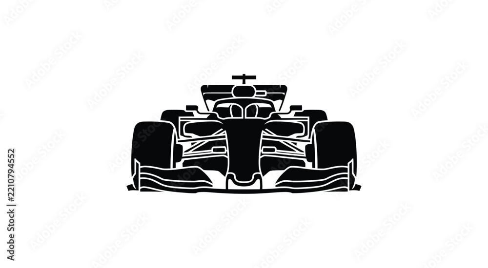Obraz premium Front view silhouette of a modern formula one racing car isolated on a white background, showing detailed aerodynamic body and wide tires