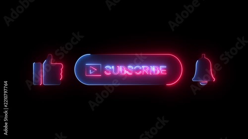 Red and blue neon subscribe button like thumb and bell set on dark background glowing animation.