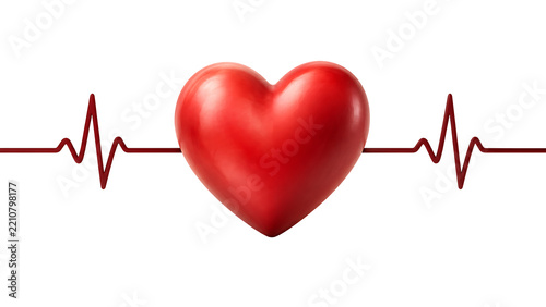 Red 3d heart with medical cardiogram pulse line isolated on transparent background