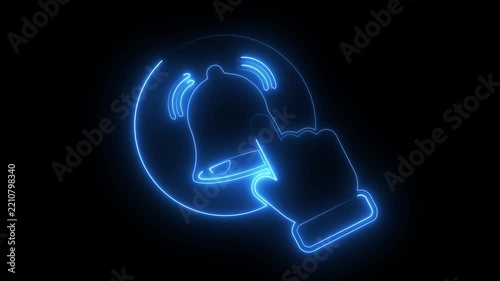Blue neon circular notification bell icon on dark background, glowing alert alarm cursor symbol.