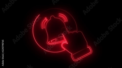 Red neon circular notification bell icon on dark background, glowing alert alarm cursor symbol.