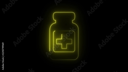 Yellow neon medicine bottle icon on dark background, glowing pill jar healthcare cross symbol.