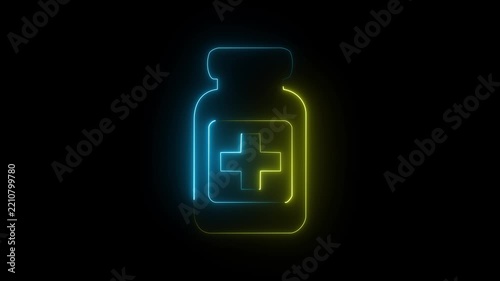 Blue and yellow neon medicine bottle icon on dark background, glowing pill jar healthcare symbol.