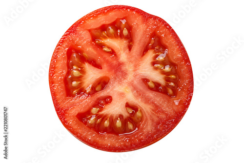 Fresh juicy red tomato slice showing detailed seeds and pulp isolated on transparent background
