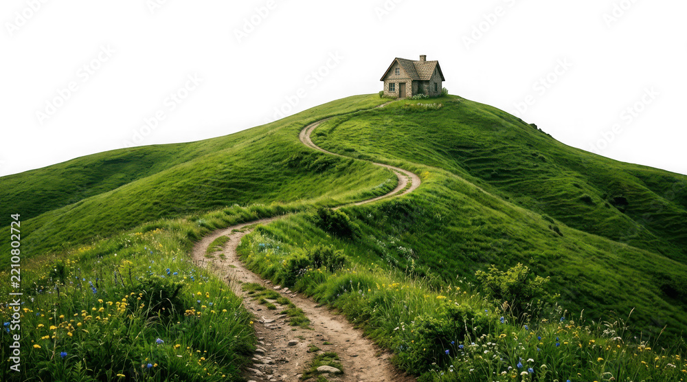 Fototapeta premium Small stone house on top of a grassy hill with a winding path isolated on transparent background