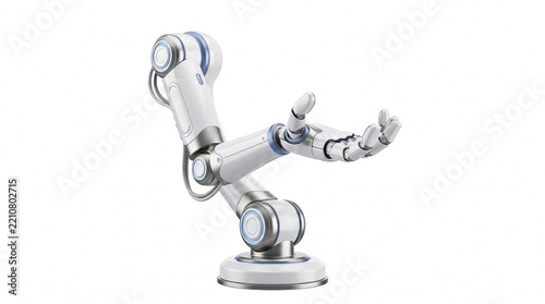 Advanced robotic arm with articulated fingers extended in a welcoming gesture against a clean white background