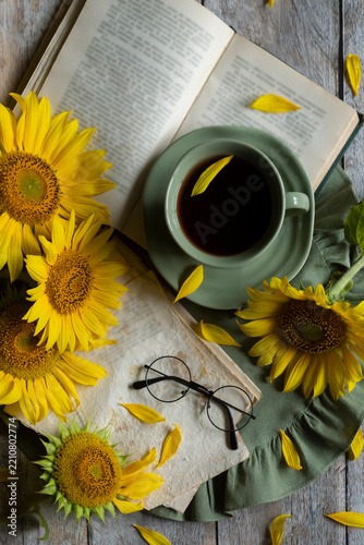 Autumn, a sunny day, sunflowers, and hot black coffee.