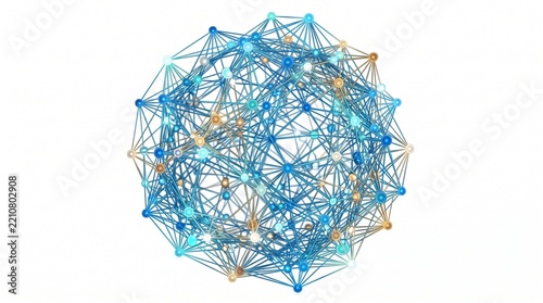 Abstract network of interconnected nodes and lines in a spherical shape with blue and gold colors on a white background