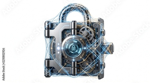 Futuristic digital padlock with glowing circuits and gears representing cybersecurity and data protection
