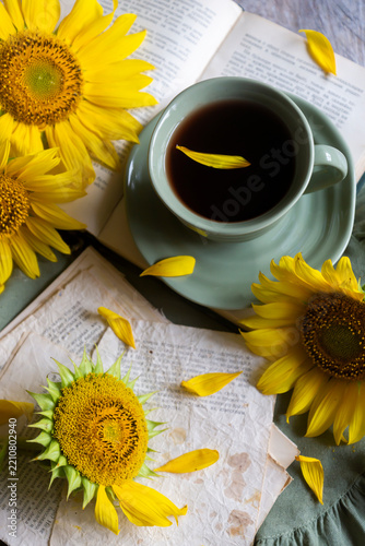 Autumn, a sunny day, sunflowers, and hot black coffee.