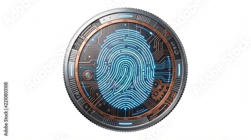 Digital Fingerprint Security Concept on Futuristic Coin with Circuit Board Design and Gears