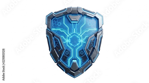 Futuristic SciFi Shield with Glowing Blue Circuitry and Hexagonal Patterns on White Background