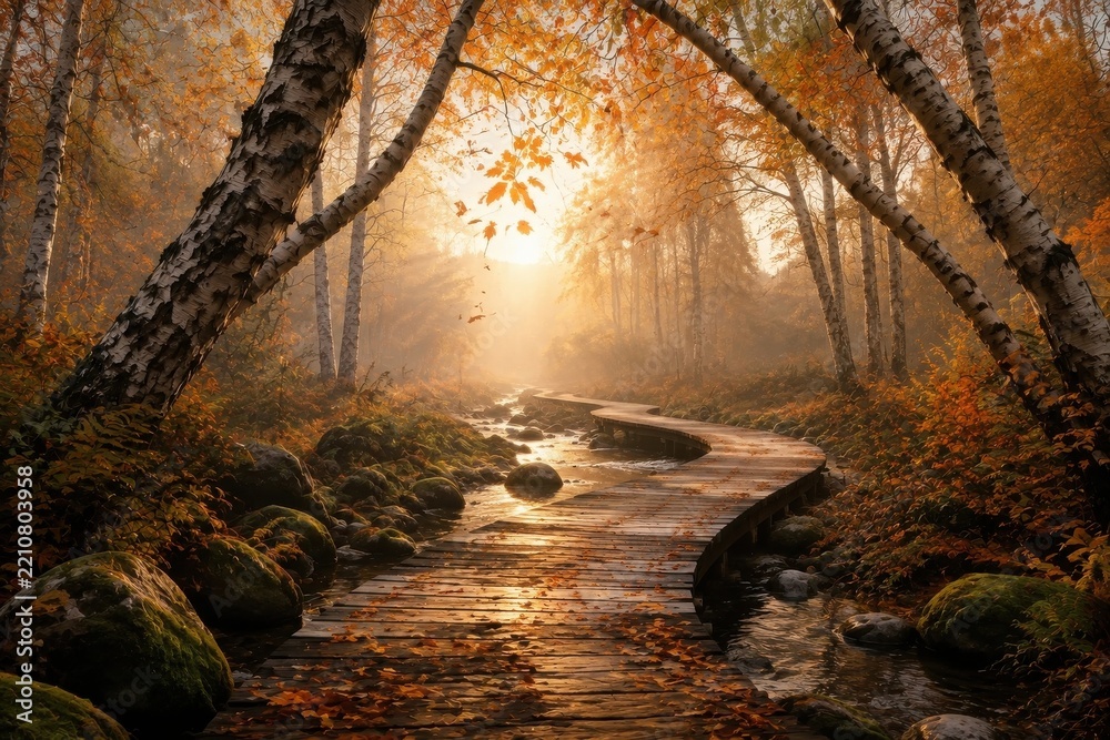 Obraz premium Sunlit winding boardwalk through a golden autumn birch forest