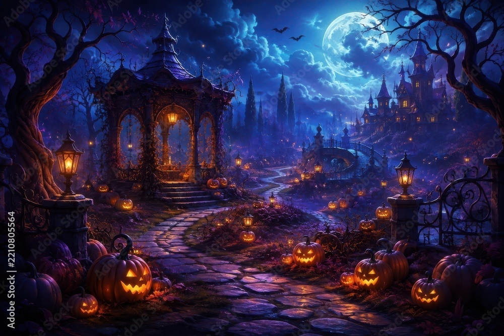 Obraz premium Moonlit Halloween village with glowing pumpkins and gothic castle