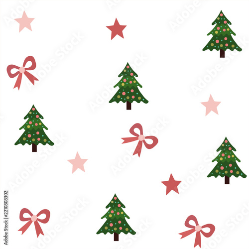 Seamless Christmas pattern with green Christmas trees, red bows and decorative stars scattered on a light background. Festive winter design for wrapping paper, textiles, stationery and holiday packagi