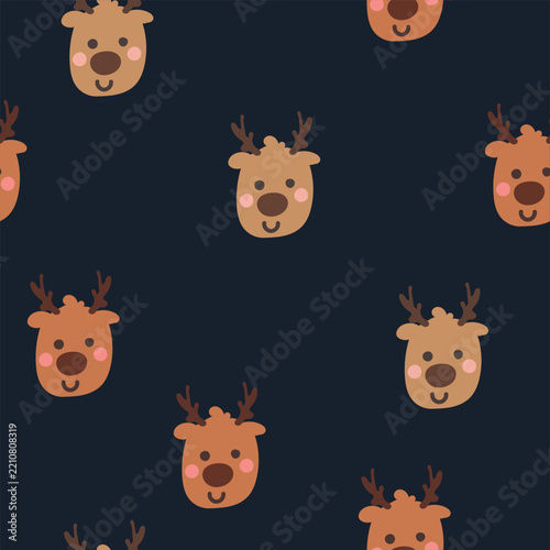 Seamless Christmas pattern featuring cute reindeer faces on a dark background. Festive repeating design for holiday wrapping paper, textiles, fabric, apparel and seasonal packaging.