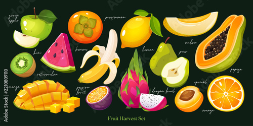 Fresh Tropical and Autumn Fruit Harvest Set with Handwritten Names, Whole and Sliced Organic Fruits, Apple, Mango, Dragon Fruit, Papaya, Melon and Citrus Collection, Healthy Seasonal Food
