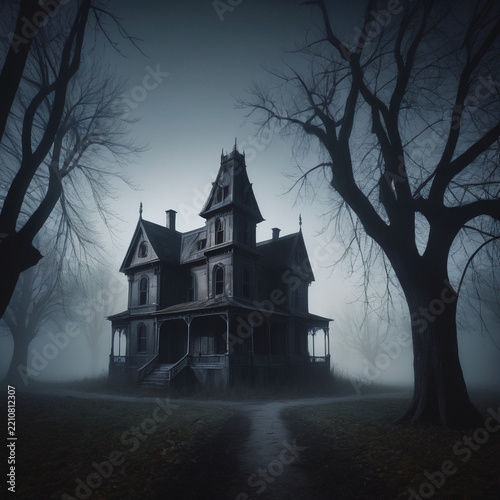 A mysterious haunted house surrounded by fog on a dark night, creating a spooky Halloween and horror atmosphere.