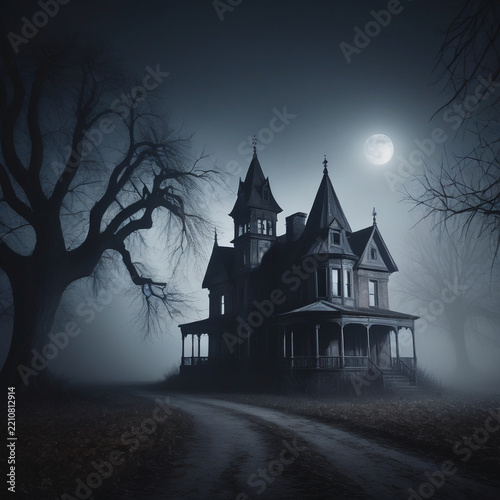 A mysterious haunted house surrounded by fog on a dark night, creating a spooky Halloween and horror atmosphere.