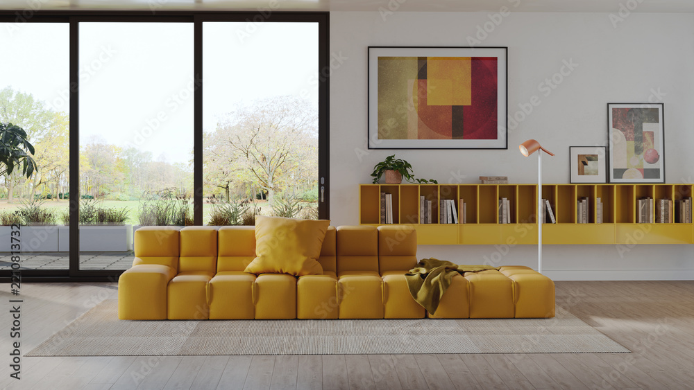Naklejka premium 3D rendering, 3d illustration, Large Luxury modern living room interior, brutalist architecture realistic lighting, Graphic Overlay wide angle, contemporary furniture, clean lines, minimalist decor