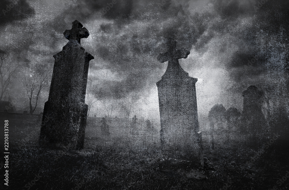 Naklejka premium Old creepy graveyard on stormy winter day in black and white