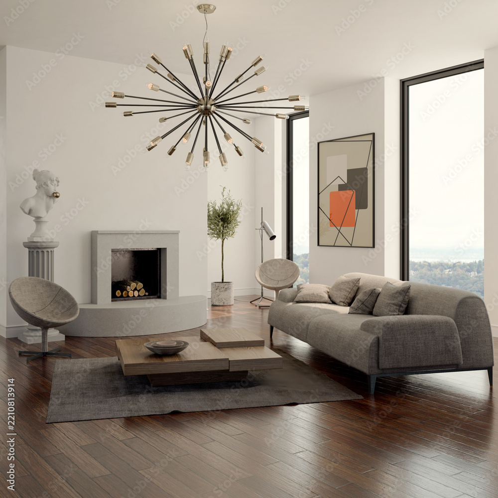Fototapeta premium 3D rendering, 3d illustration, Large Luxury modern living room interior, brutalist architecture realistic lighting, Graphic Overlay wide angle, contemporary furniture, clean lines, minimalist decor