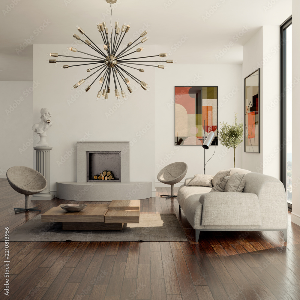 Naklejka premium 3D rendering, 3d illustration, Large Luxury modern living room interior, brutalist architecture realistic lighting, Graphic Overlay wide angle, contemporary furniture, clean lines, minimalist decor