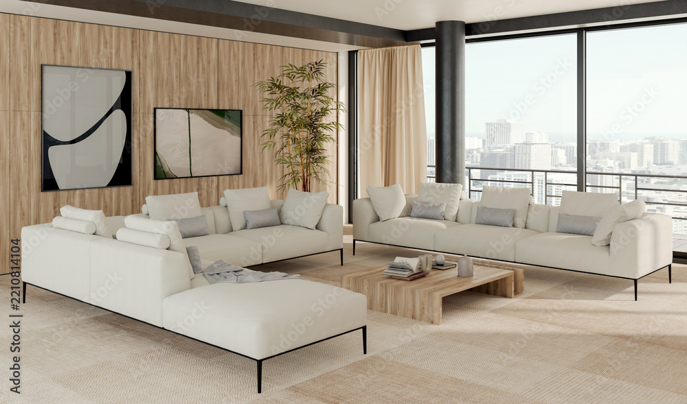 Fototapeta premium 3D rendering, 3d illustration, Large Luxury modern living room interior, brutalist architecture realistic lighting, Graphic Overlay wide angle, contemporary furniture, clean lines, minimalist decor