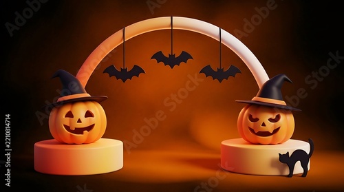 Halloween Jack-o'-lantern Pumpkins with Witch Hats and Hanging Bats 3D Rendered Archway for Holiday Party Decoration