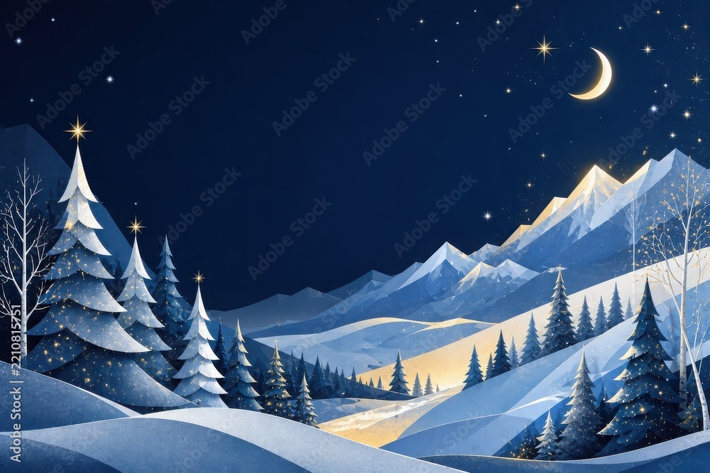 Fototapeta premium Moonlit winter mountain landscape with snowy pine forest