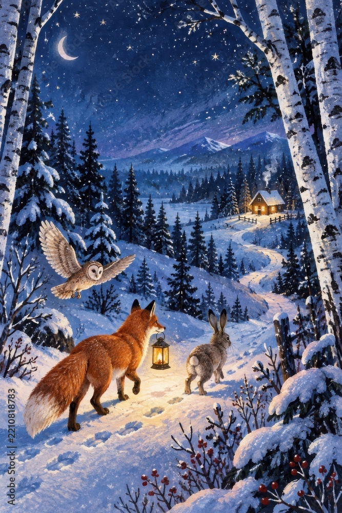 Fototapeta premium Fox, rabbit, owl, lantern beneath winter starlight