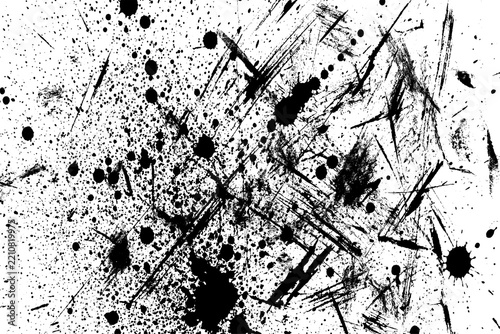 Abstract black ink splatter and brush strokes texture isolated on transparent background