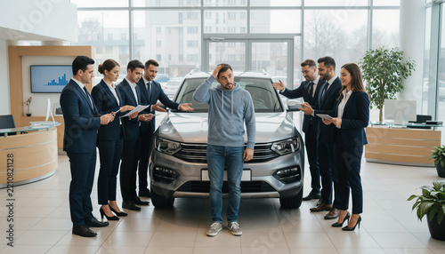 Confused Customer Pressured by Salespeople in Modern Car Dealership Showroom