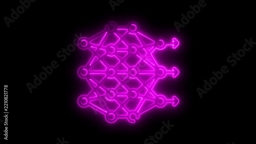 Neon artificial neural network diagram glowing pink on black background, for ai technology, concept artificial intelligence