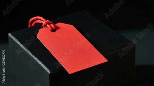 Blank red price tag with red twine resting on a closed black gift box against a dark background, minimalist product presentation with space for custom text and branding