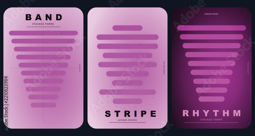 Abstract purple poster templates set, modern geometric band stripe rhythm covers, minimalist graphic layouts for event flyers