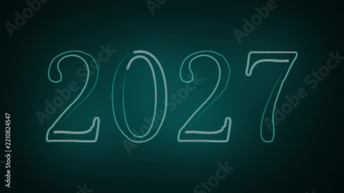 2027 glowing neon text animation on dark background, futuristic new year celebration concept light