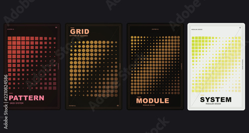 Abstract halftone poster templates with grid geometric designs, modern Swiss style typography layout collection for cover branding