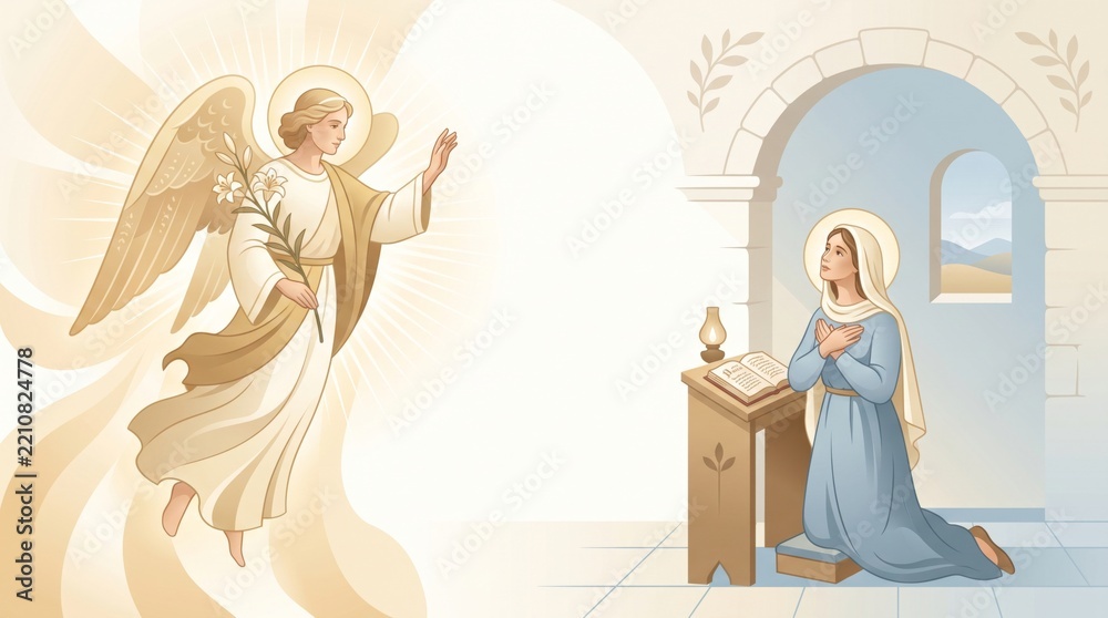 Fototapeta premium Angel Gabriel appears to Mary in the biblical Annunciation. Mary kneels beside an open book in an arched room. Christian scripture and sacred art. Nativity story illustration.