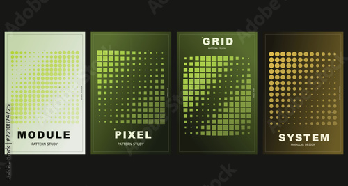 Abstract halftone poster collection featuring modern pixel grid patterns, set of 4 minimalist green layout designs, geometric vector cover templates