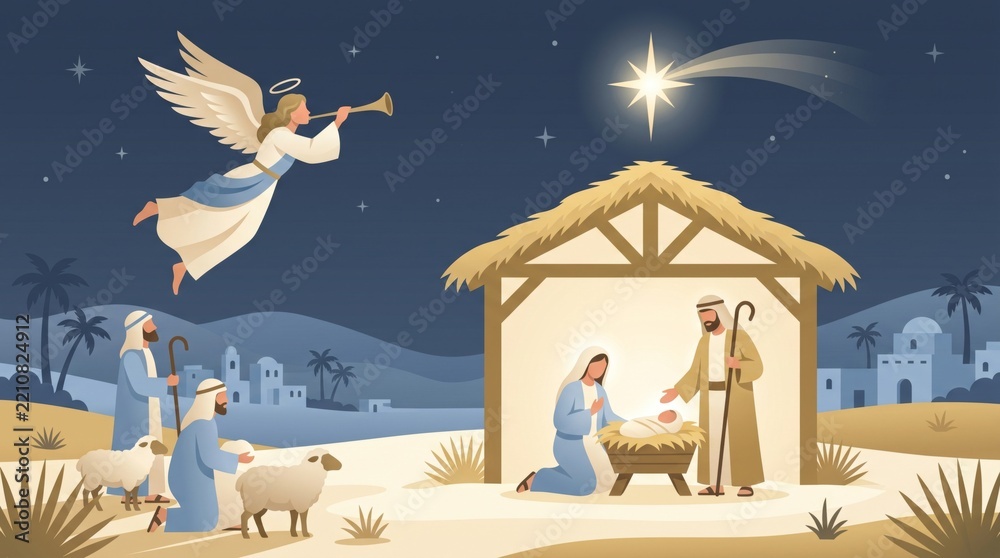 Fototapeta premium Angel sounds a trumpet above the Nativity scene with Mary, Joseph, baby Jesus and shepherds. Christian Christmas illustration. Biblical birth story. Holiday greeting card artwork.