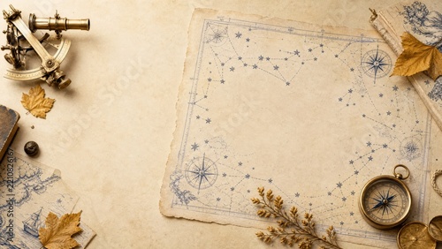 Vintage treasure map with compass and ship illustration on aged parchment