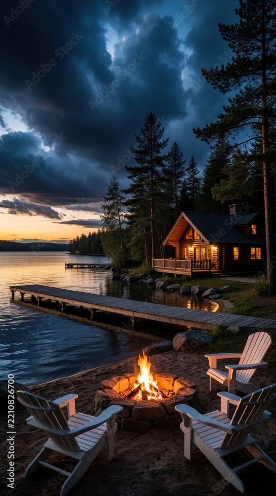 Fototapeta premium Cosy wooden log cabin by calm lake at sunset. People relax near outdoor fire pit with white chairs on sandy shore. Peaceful twilight scenery with forest trees, wooden dock, dark dramatic storm clouds
