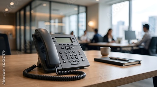 Office desk phone with notebook and coffee cup.